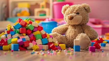 Playful Teddy Bear and Colorful Building Blocks