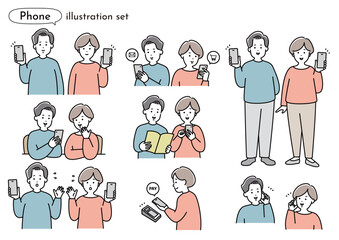 スマホを使用する男女　夫婦イラスト　表情　家族 　日本人　夫婦　おしゃれ　シンプル　かわいい	スマートフォン　セット