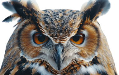 A wise owl stares intently into the camera, its golden eyes captivating