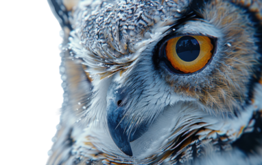 A close-up of a great horned owl's eye, with frost covering its feathers