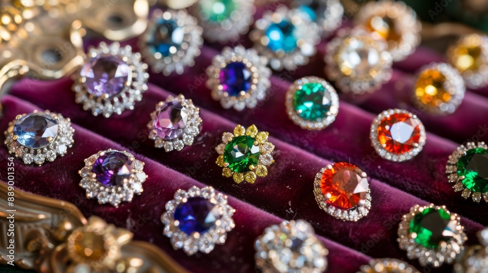 Poster close-up of a collection of colorful gemstone earrings displayed on a velvet tray.