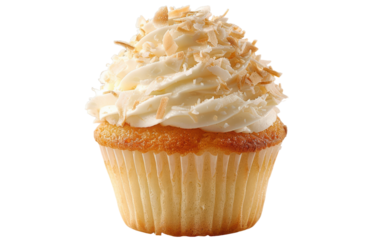 A single cupcake with vanilla frosting and toasted coconut flakes