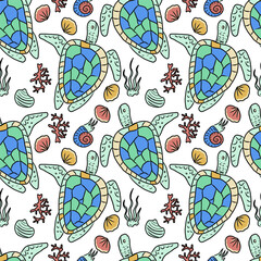Vector hand drawn seamless pattern with sea turtle and seashells.Underwater life theme.