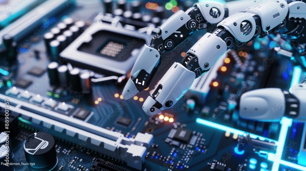 Aufkleber circuit board with microchips and robot arm at factory for production of chips or motherboards in bl