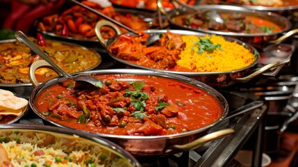 Obraz premium Close-up of a colorful spread of Indian curries, biryanis, and breads on a traditional dining table.