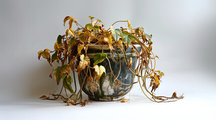 Fototapeta premium Une plante desséchée, morte, dans un pot noir sur fond blanc, symbole de décadence