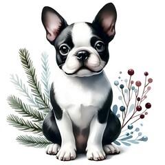 Watercolor picture of a dog breed boston terrier on white background
