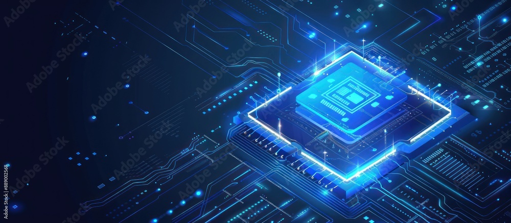 Poster glowing blue futuristic cpu chip with circuit board background