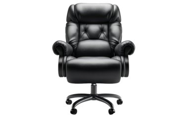 A black leather office chair with a tufted backrest sits on wheels against a white background