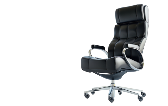 A black leather office chair with chrome accents sits on a white background