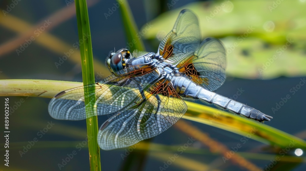 Poster close-up of a dragonfly resting on a blade of grass near a pond.