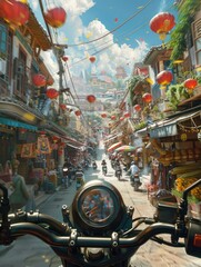 Fototapeta premium Motorbike POV view of vibrant street market in China with colorful lanterns and traditional architecture. Hands on handlebars, scenic view of noisy streets below clear blue sky.