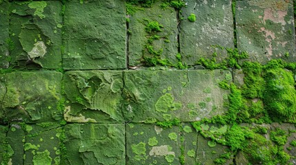 Fototapeta premium A mossy wall with green plants growing on it. The image has a natural and calming feel to it