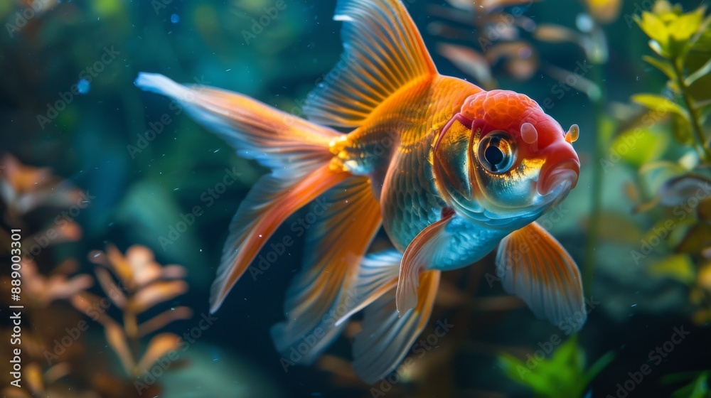 Aufkleber Close-up of a goldfish with long flowing fins and a distinctive color pattern, captured underwater.