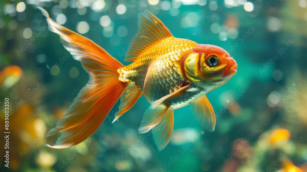 Poster Close-up of a goldfish with long flowing fins and a distinctive color pattern, captured underwater.
