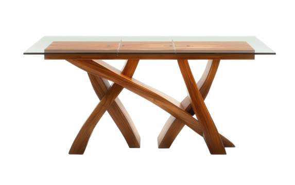 A wooden dining table with a glass top and an intricately designed base