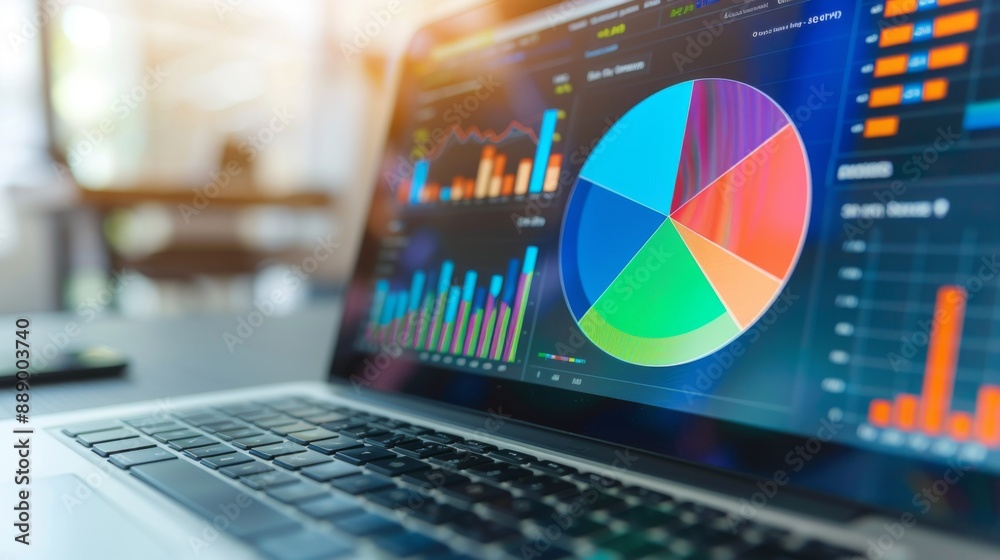 Poster Close-up of a laptop screen displaying a colorful pie chart with financial data.