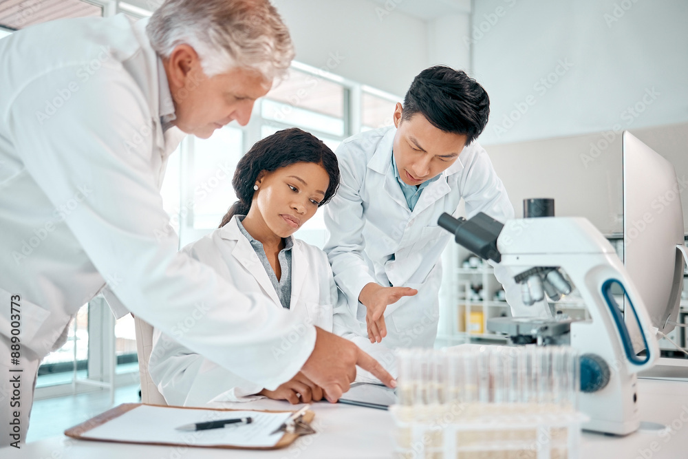 Poster Research, science and teamwork with people in laboratory together for innovation or investigation. Discovery, experiment and microscope with group of doctors working on development of vaccine