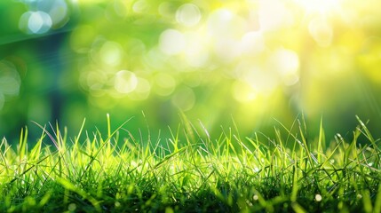 Obraz premium Beautiful spring background with fresh green grass on meadow. Nature landscape with sunlight and copy space