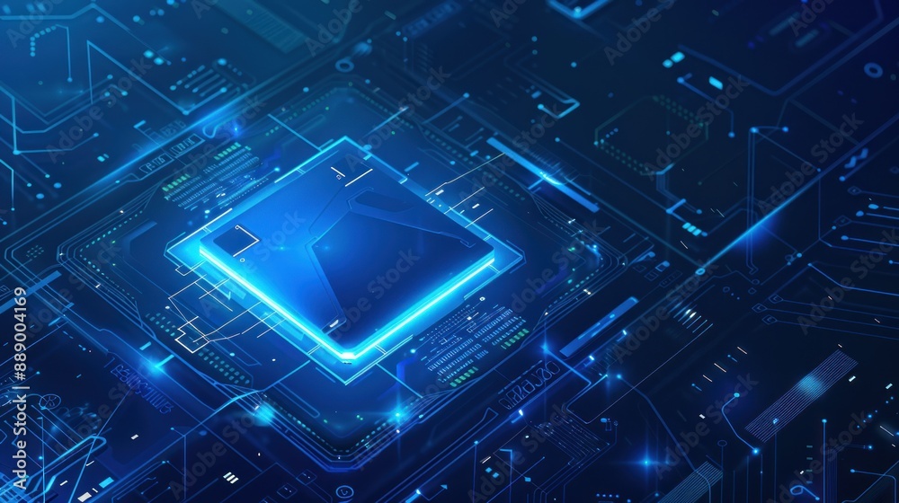 Aufkleber futuristic glowing blue microprocessor on circuit board with electronic components