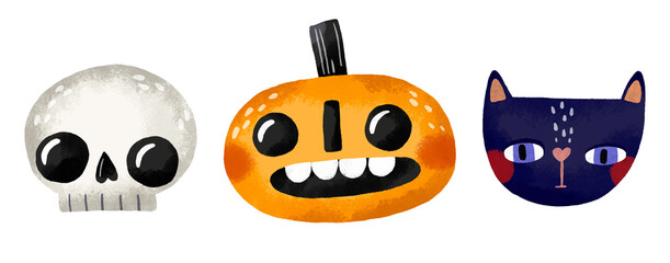 Scary set of pumpkin, skull and cat drawings. Mysticism and black magic. Set for Halloween. Hand drawn illustration on isolated background