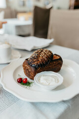 Soup in bread restaurant serving
