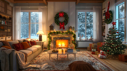 Cozy living room with festive Christmas decor, holly wreaths and a decorated tree. Soft lighting. Holiday warmth.
