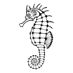 Seahorse. Outline vector hand drawn illustration.  Excellent for the design of invitations, cards, menu decoration,  printing, logo, clipart and textiles. Black and white.