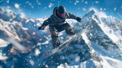 Snowboarder in mid-air, doing a trick against a backdrop of snow-covered mountains, dynamic action shot, winter sports, adventure, high energy, thrill.