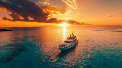 Luxury yacht at sunset, on calm waters, serene landscape. Symbolizes luxury, freedom, and...