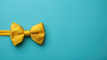 Yellow satin bow tie on turquoise background with copy space Minimalist flat lay photo of pre tied bow tie Men s accessory on left side