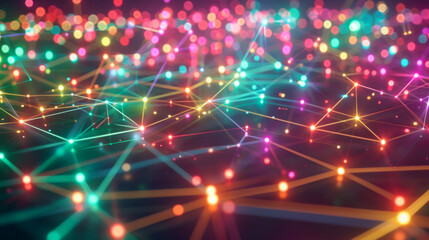 Vibrant connected dots, neon colors, abstract, perfect for technology or communication themes, symbolizes network, innovation, data exchange.