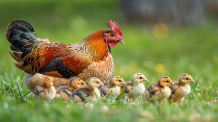 Fototapeta premium Close-up of a mother hen teaching her chicks how to peck for food in a grassy yard.