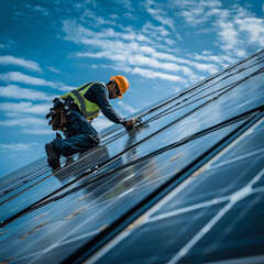 A handyman installing solar panels on the rooftop. Solar power engineer installing solar panels, on the roof, electrical technician at work, alternative renewable green energy generation concept	