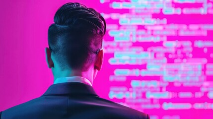 Image of a businessman overlaid with source code and programmer, symbolizing programming, cybersecurity, business, and the internet of things.