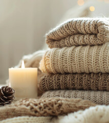 Folded Knitted Sweaters with Lit Candle and Pinecone
