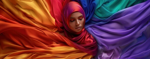 Portrait of a woman wearing a red hijab with colorful fabric flowing around her