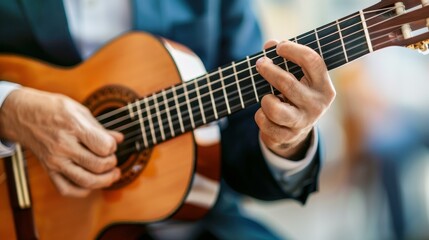 Fototapeta premium Elderly man in a classic suit playing acoustic guitar in a Spanish traditional live music performance.