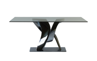 Glass table with a sleek, black, twisted base