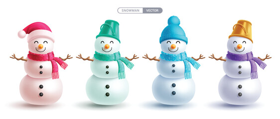 Christmas snowman characters vector set design. Snow man character wearing colorful scarf, santa hat and bucket hat costume elements isolated in white background. Vector illustration snowman 