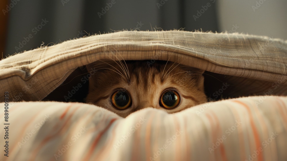 Poster close-up of a pudgy cat's face peeking out from behind a cushion.