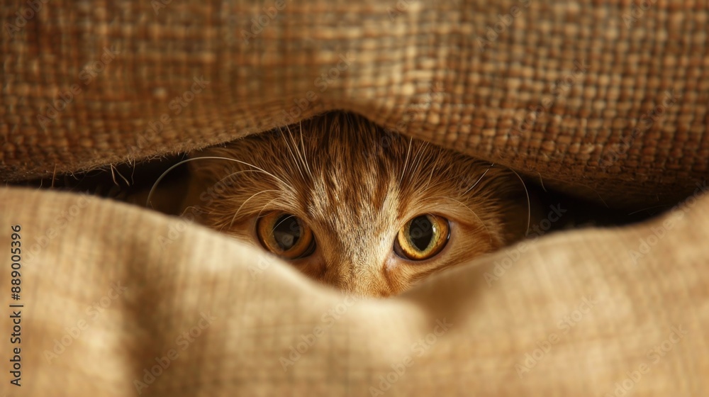 Poster close-up of a pudgy cat's face peeking out from behind a cushion.