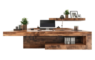 A large wooden desk with a computer, plant, and lamp
