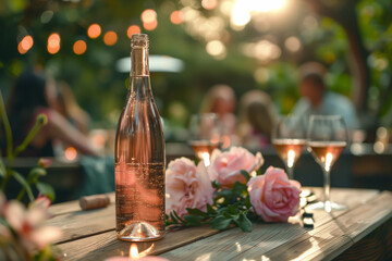 Bottle of pink wine with glasses on background of holiday garden party, wedding or Valentine.