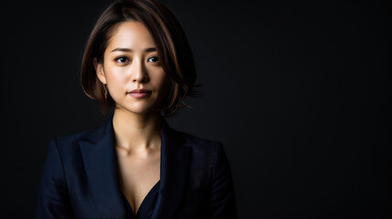 Fototapeta premium Professional Japanese announcer in a stylish suit, presenting with grace and beauty.