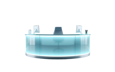 A sleek, curved desk with a glowing blue surface