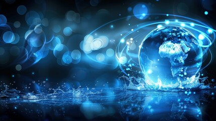 Obraz premium Holographic Blue Earth Made of Water with Splash Effect and Dark Background