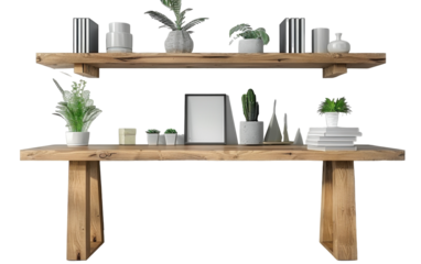 A wooden shelf and table with various decor, including plants, books, and vases