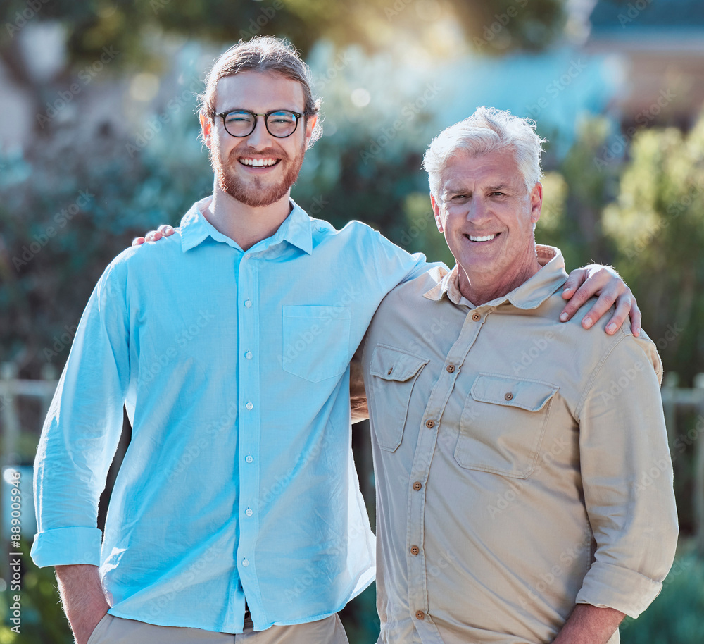 Poster Senior father, man and together in portrait, outdoor and hug with smile for care, love and connection in backyard. Dad, son and family in garden for bonding at reunion, embrace and happy in Ireland