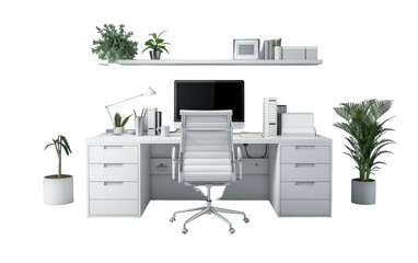 A white desk with a computer, chair, and plants in a home office